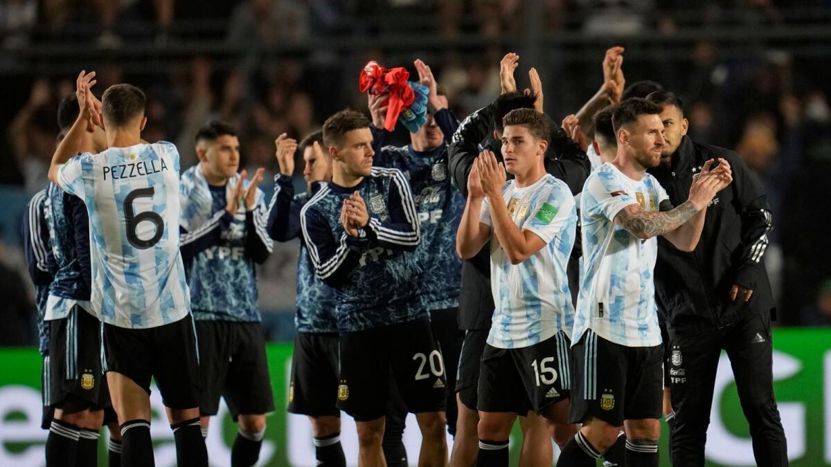 Argentina players applaud at the end of their World Cup qualifying match against Brazil at Bicentenario Stadium in San Juan, Argentina. (AP)