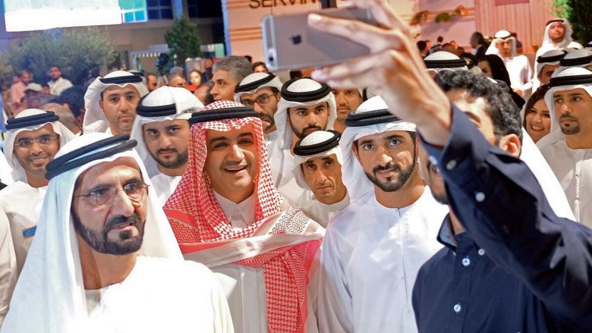 Shaikh Mohammed was caught for a selfie at the venue of Arab Media Forum as Shaikh Hamdan, Shaikh Maktoum and other dignitaries look on. 