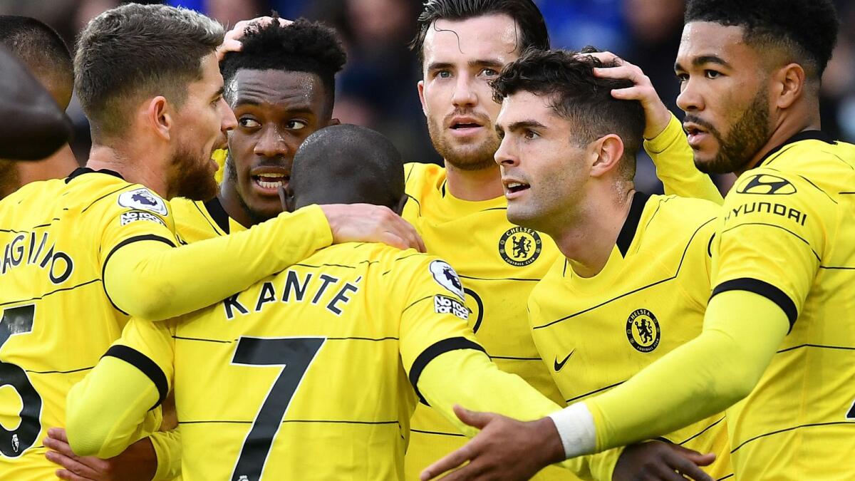 Chelsea's Christian Pulisic (second from right) celebrates after scoring his team's third goal during the English Premier League match against Leicester City on Saturday. (AFP)