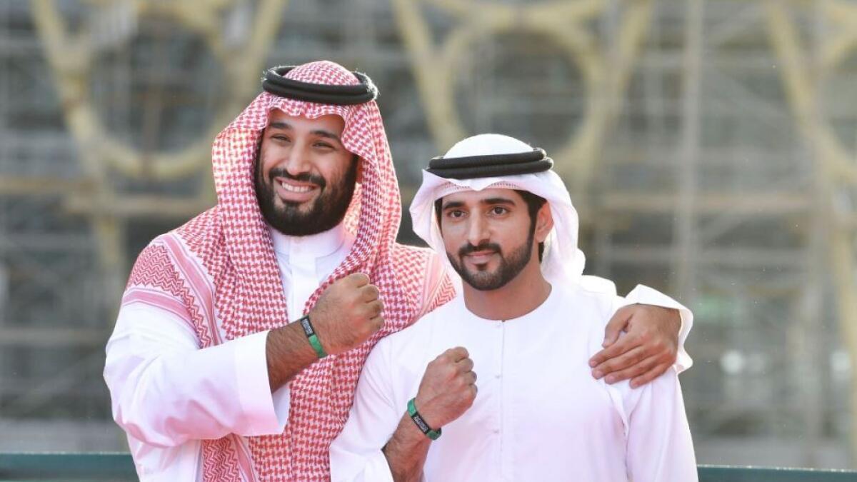 Photos, Saudi Crown Prince, Sheikh Hamdan, visit, Expo 2020, site,  Sheikh Mohammed bin Rashid, Dubai, 