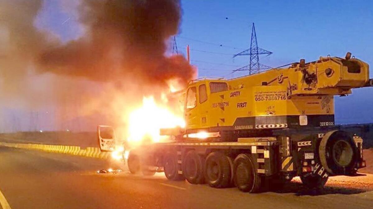 Heavy truck catches fire on UAEs Emirates Road