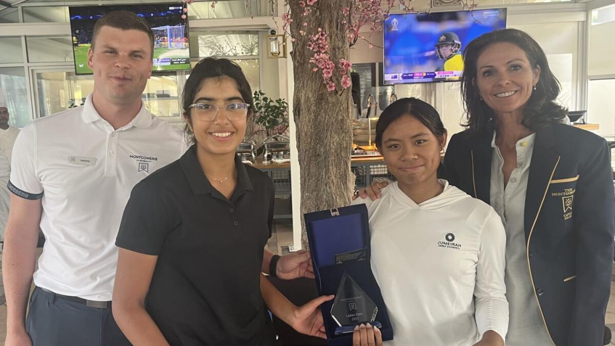 Left to right: Martin O'Neil, winners:Aasiya Saleem, Jamie-Roselyn Camero and Lady Captain Ingrid Kruidenier at the prize giving of the Montgomerie Ladies Open.- Supplied photo
