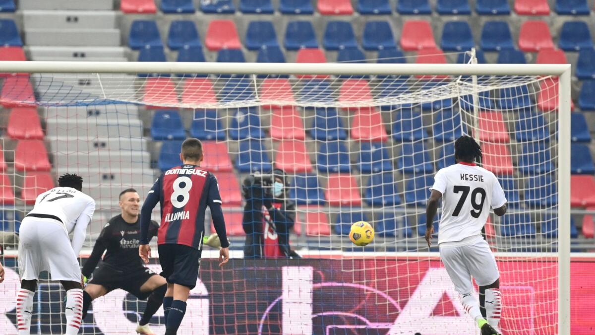 Franck Kessie of AC Milan scores a goal against Bologna. — Reuters