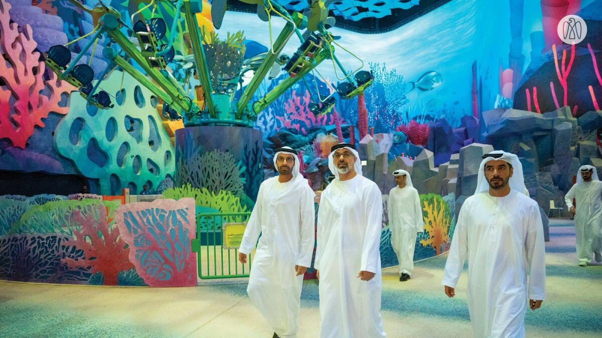 Sheikh Khaled visits the facilities at SeaWorld Abu Dhabi. — Courtesy: Twitter
