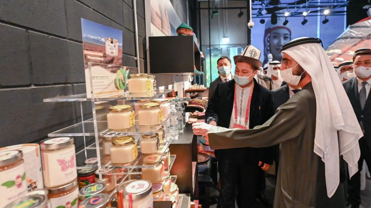 Sheikh Mohammed visits the Kyrgyzstan pavilion at Expo 2020 Dubai.