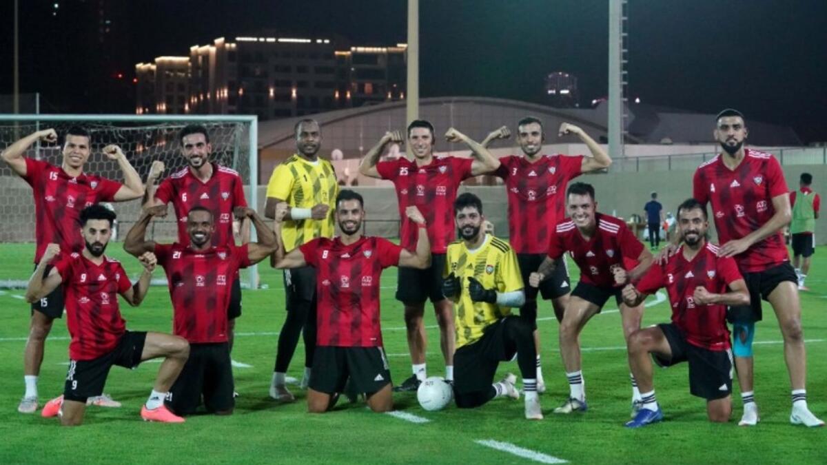 The UAE players pose during a training session in Dubai ahead of their match against Thailand. (UAEFA Twitter)