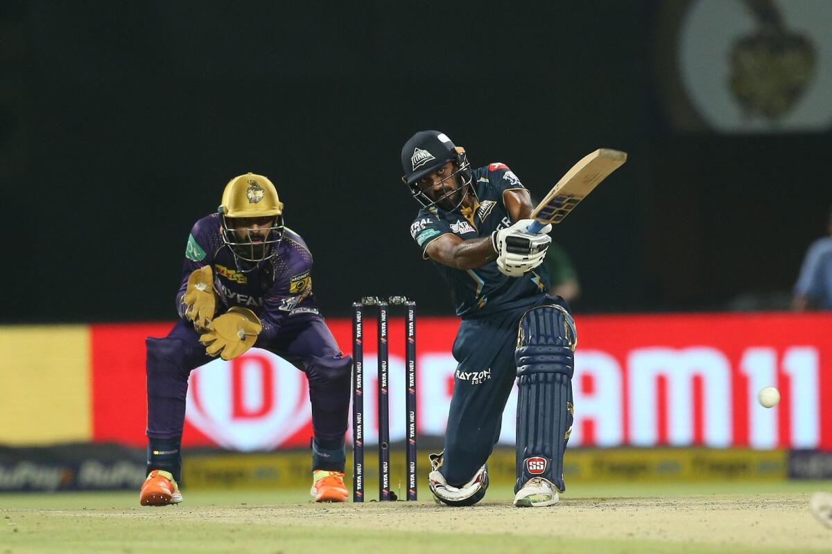 Vijay Shankar of Gujarat Titans plays a shot against Kolkata Knight Riders. — IPL