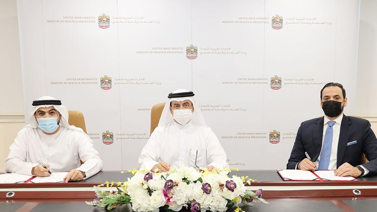(From right to left) Ashraf Malak, managing director of MSD, GCC; Dr. Amin Hussein Al Amiri, Assistant Undersecretary for Public Health Policy and Licensing Sector in the Ministry of Health and Prevention; and Anas Nofal, senior director for Greater MENA, Axios International, during the MoU signing.