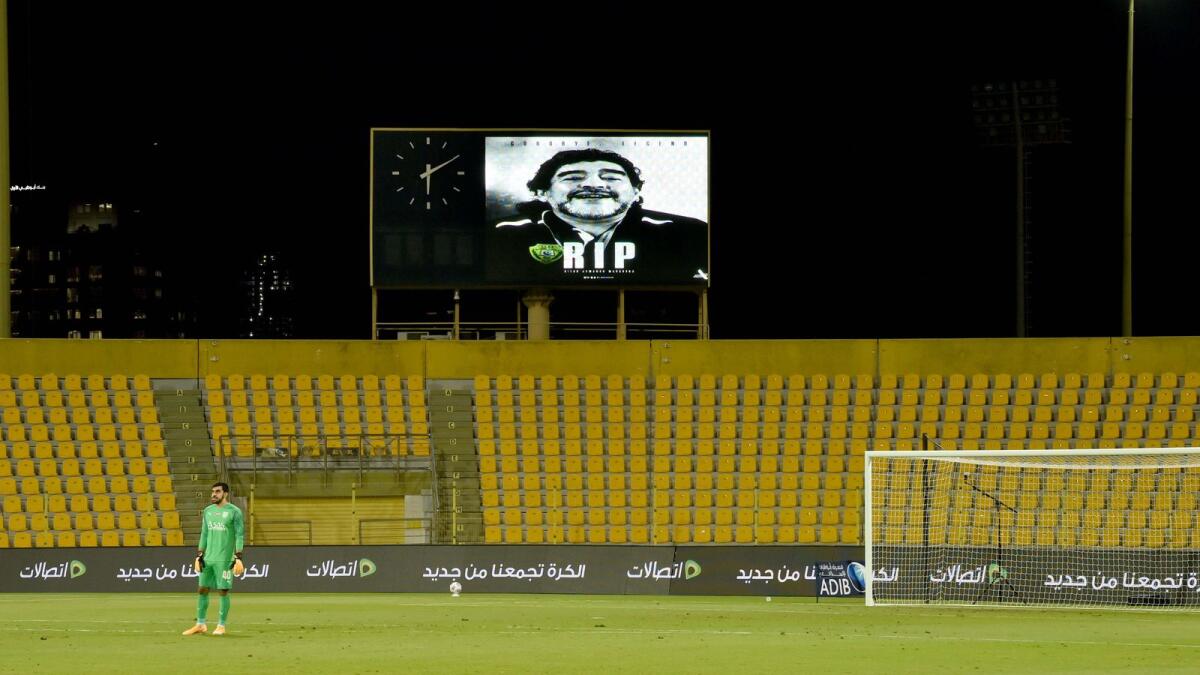 Diego Maradona's image is flashed on the screen at the Zabeel Stadium during the game between Al Wasl and Fujairah. — AGL