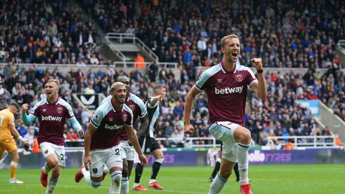 West Ham United's Tomas Soucek celebrates scoring a goal against Newcastle United during the English Premier League match. — AP