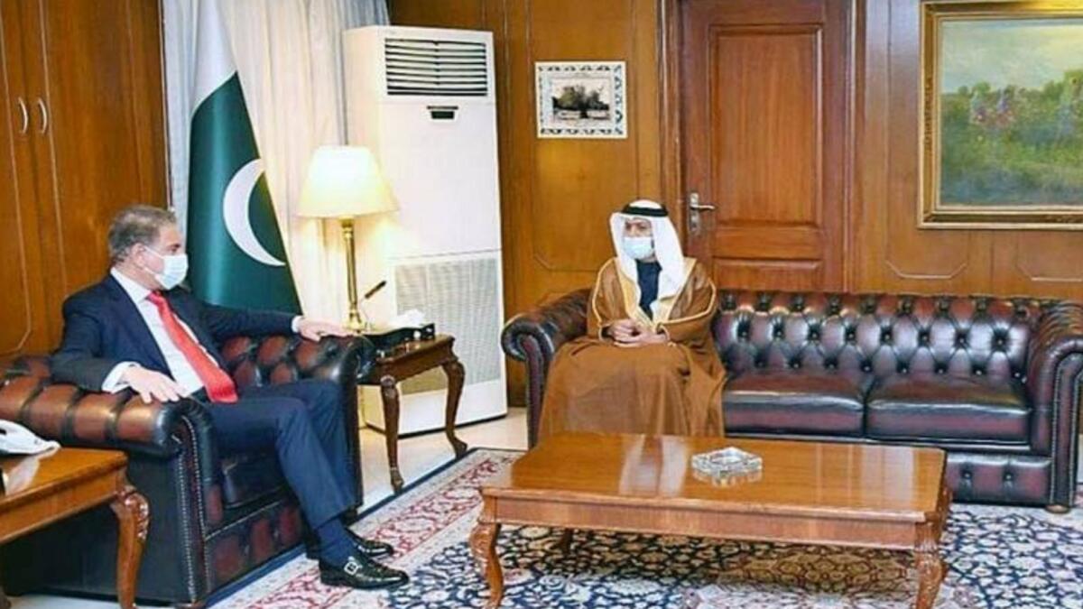 UAE Ambassador to Pakistan Hamad Obaid Ibrahim Salem Al Zaabi with Pakistan Foreign Minister Shah Mahmood Qureshi in Islamabad.