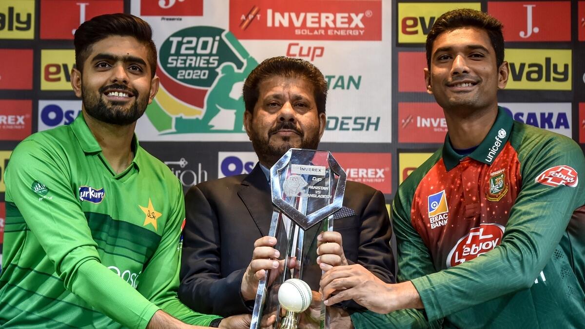 : Babar Azam (left) and Mahmudullah (right) posewith the T20 series trophy at the Gaddafi Stadium in Lahore.