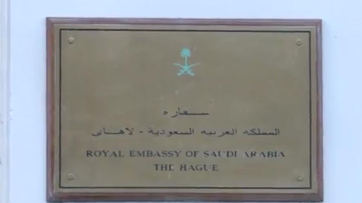 Screengrab from a video shows a board outside the Saudi Arabian Embassy, The Hague.