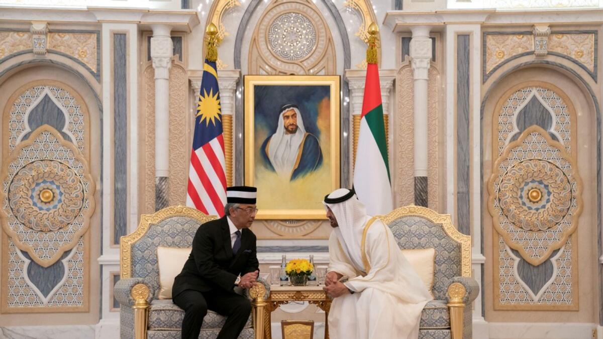 His Highness Sheikh Mohamed bin Zayed Al Nahyan, Crown Prince of Abu Dhabi and Deputy Supreme Commander of the UAE Armed Forces meets with King Sultan Abdullah Sultan Ahmad Shah of Malaysia at Qasr Al Watan.