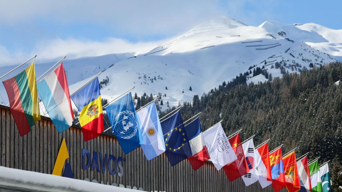 Flags fly on Davos Congress Centre ahead of the annual meeting of the World Economic Forum (WEF) in Davos on Monday. — Reuters