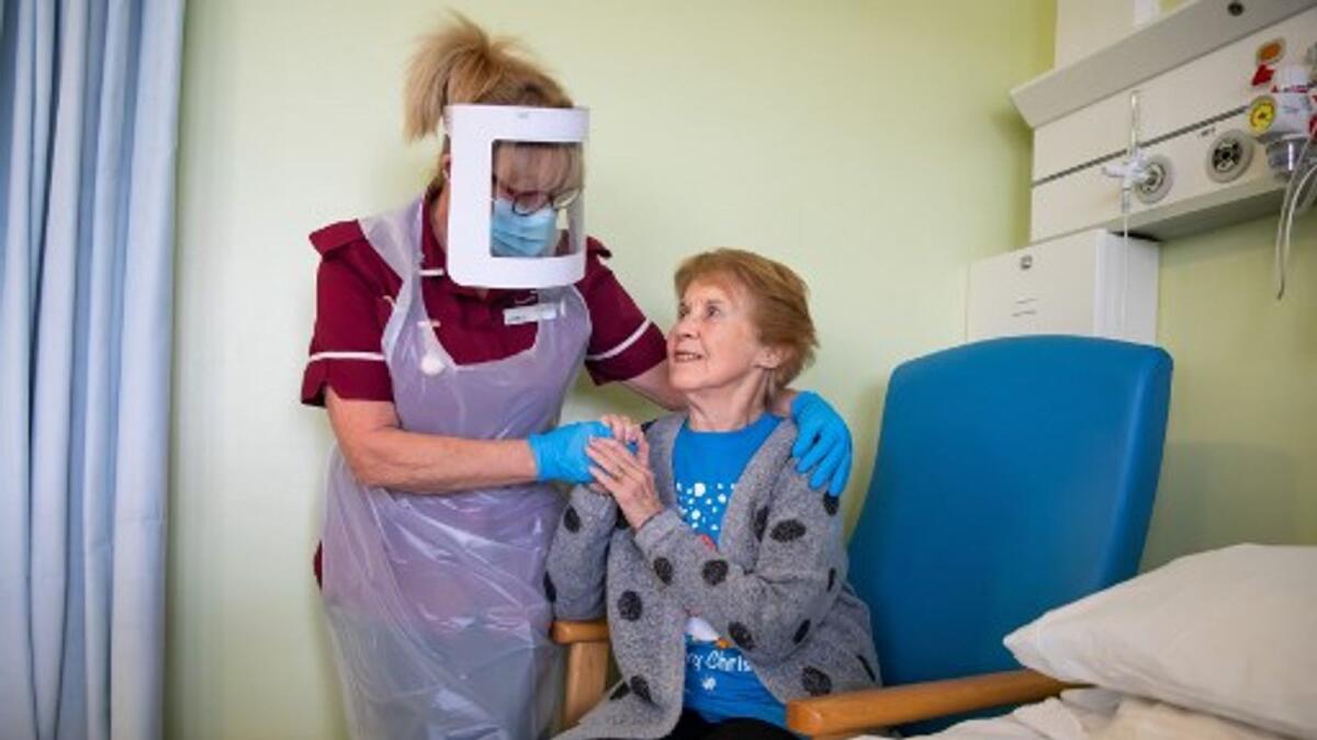 Margaret Keenan was the first patient in the United Kingdom to receive the Pfizer-BioNtech Covid-19 vaccine. Photo: AFP