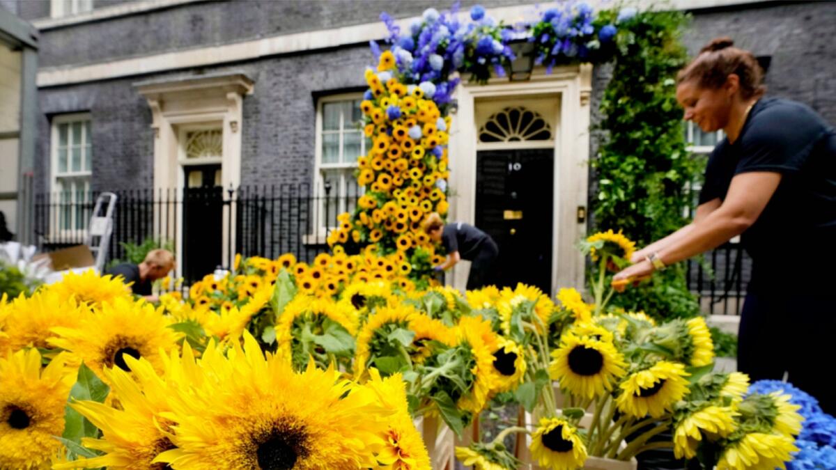 Florists prepare the entrance to 10 Downing Street with flowers in the Ukraine national colours in London. — AP