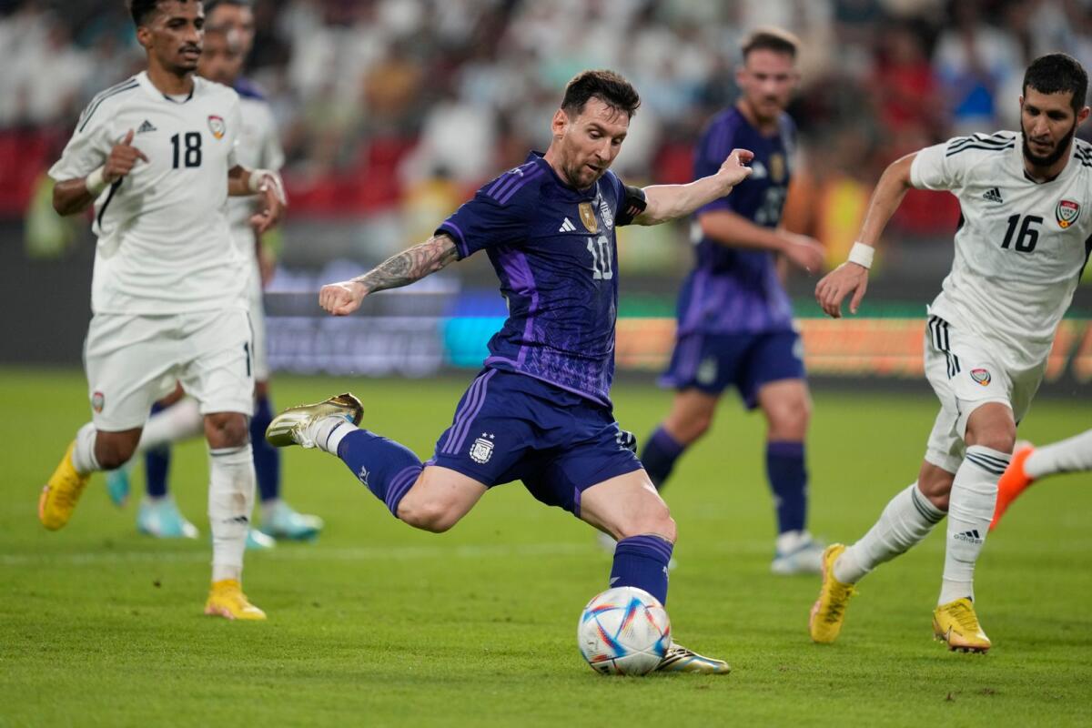 Argentina's Lionel Messi scores during a friendly match against the UAE in Abu Dhabi on Wednesday. (AP)