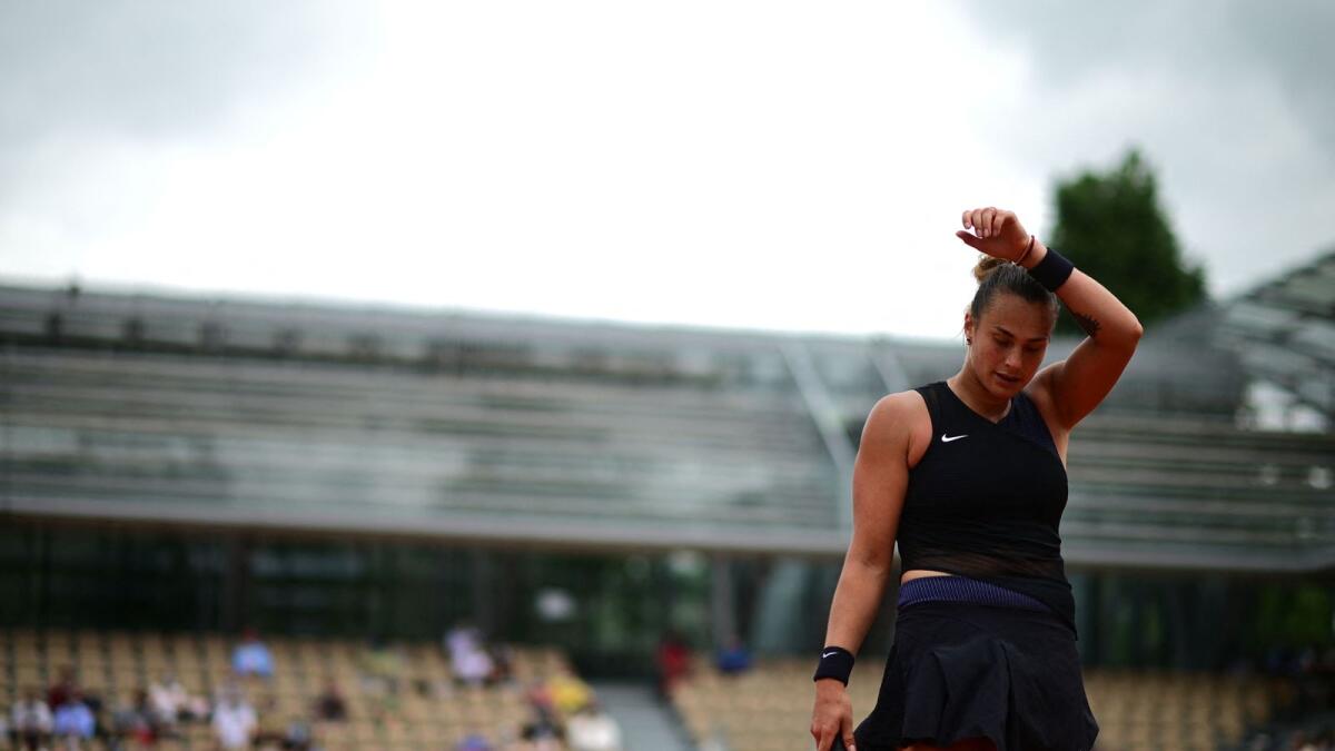 Belarus' Aryna Sabalenka reacts as she plays against Russia's Anastasia Pavlyuchenkova. — AFP