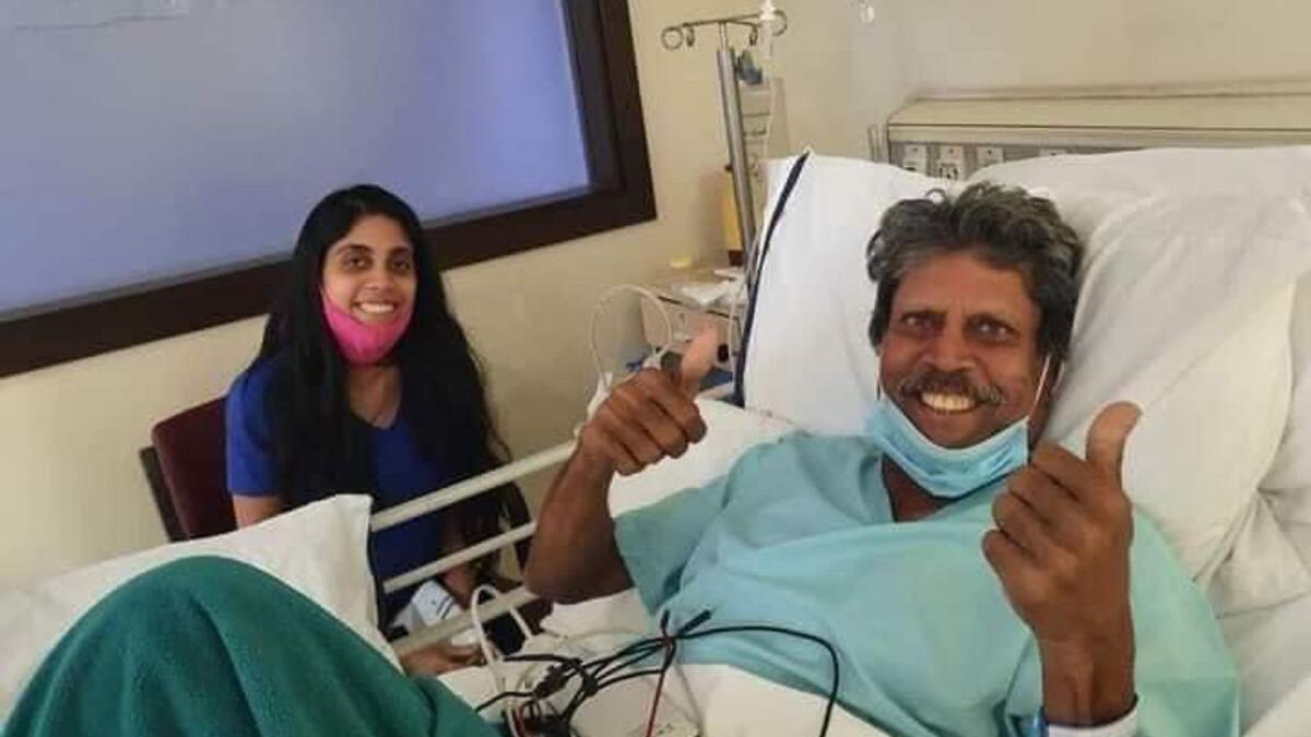 Kapil Dev seen in a cheerful mood after his angioplasty. — Twitter
