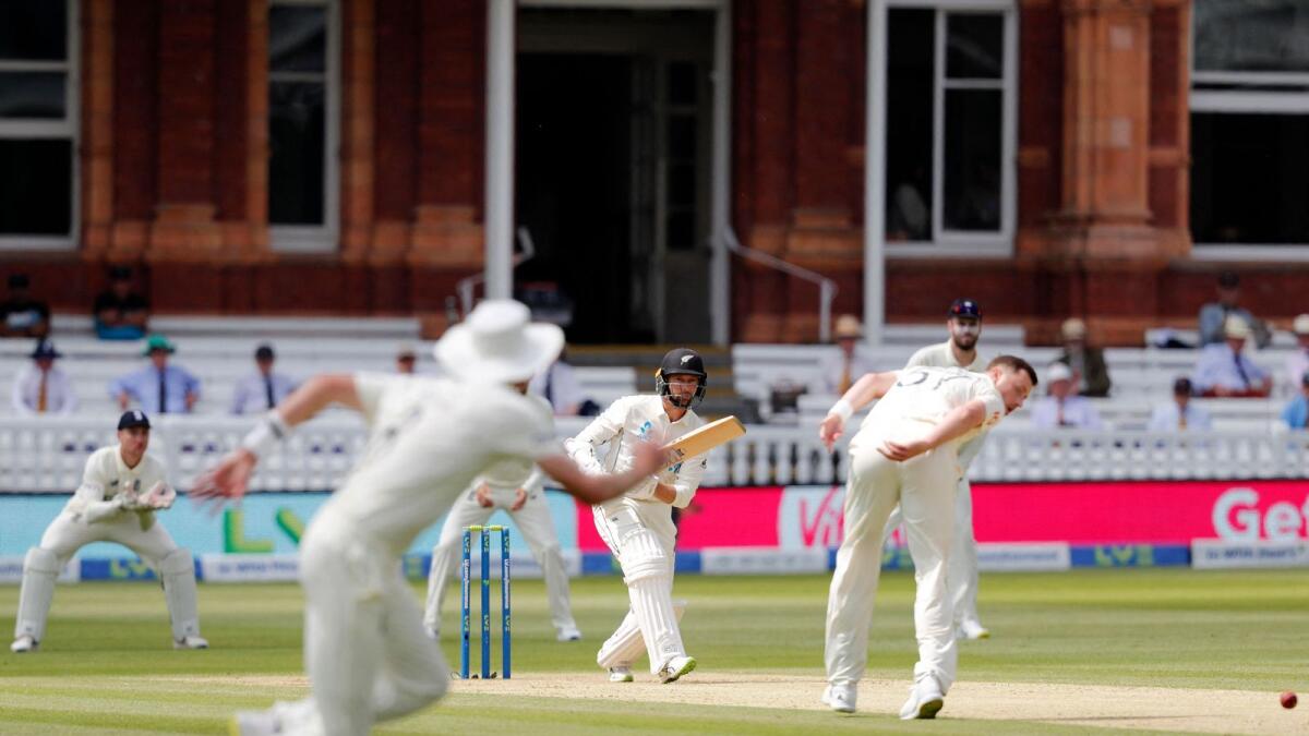 New Zealand's Devon Conway (centre) plays a shot during play on the second day of the first Test against England. — AFP