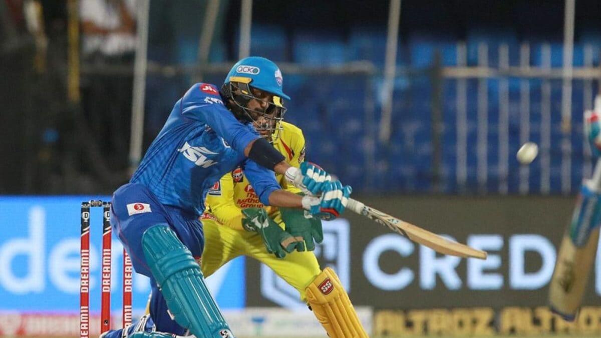 Axar Patel plays a shot against CSK