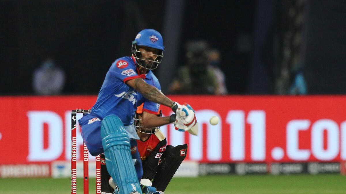 Delhi Capitals Shikhar Dhawan plays a shot during the qualifier 2 match against the Sunrisers Hyderabad at the Sheikh Zayed Stadium on Sunday. — IPL