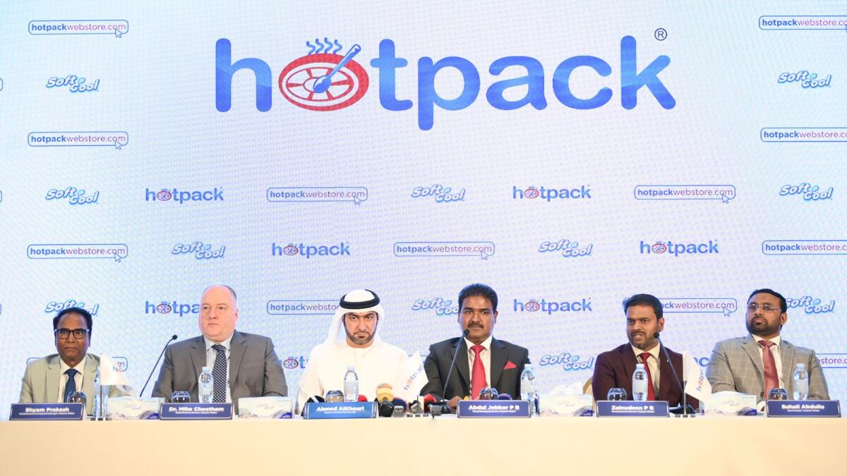 Abdul Jebbar PB, group managing director of Hotpack Global, and other officials at the press conference in Dubai on Monday. — Supplied photo