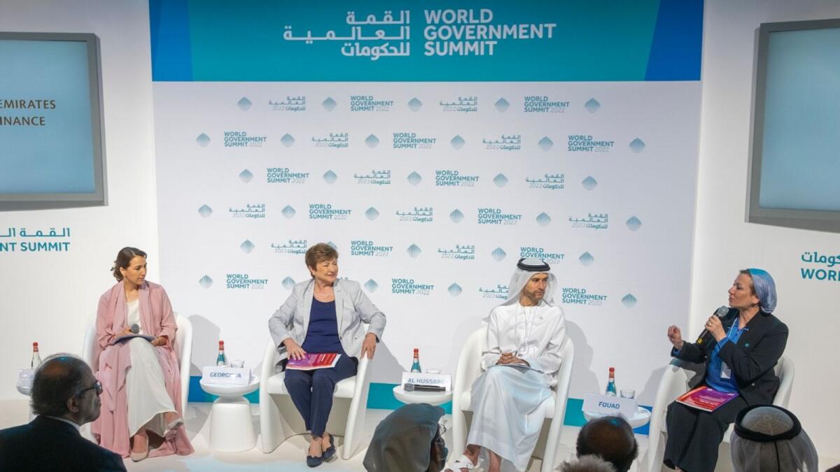 Mariam Mohammed Almheiri, Minister of Climate Change and Environment UAE, Georgieva, Al Hussaini and Fouad in the press conference at the World Government Summit in Dubai. Photo by Shihab