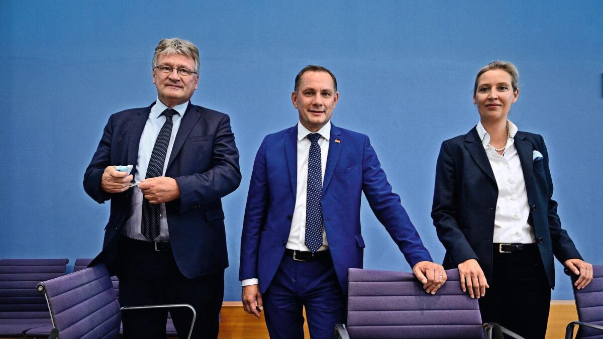 Leaders of Germany’s Alternative for Germany (AfD) party — Alice Weidel, Tino Chrupalla and Joerg Meuthen — at a press conference in Berlin on September 27, 2021, a day after general elections. — AFP