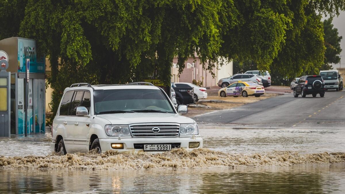 A waterlogged street in Al Qouz 1 after a downpour in Dubai.-Photo by Neeraj Murali/Khaleej Times