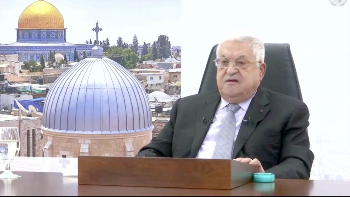 In this photo taken from video, Palestinian President Mahmoud Abbas remotely addresses the 76th session of the United Nations General Assembly in a pre-recorded message. — AP