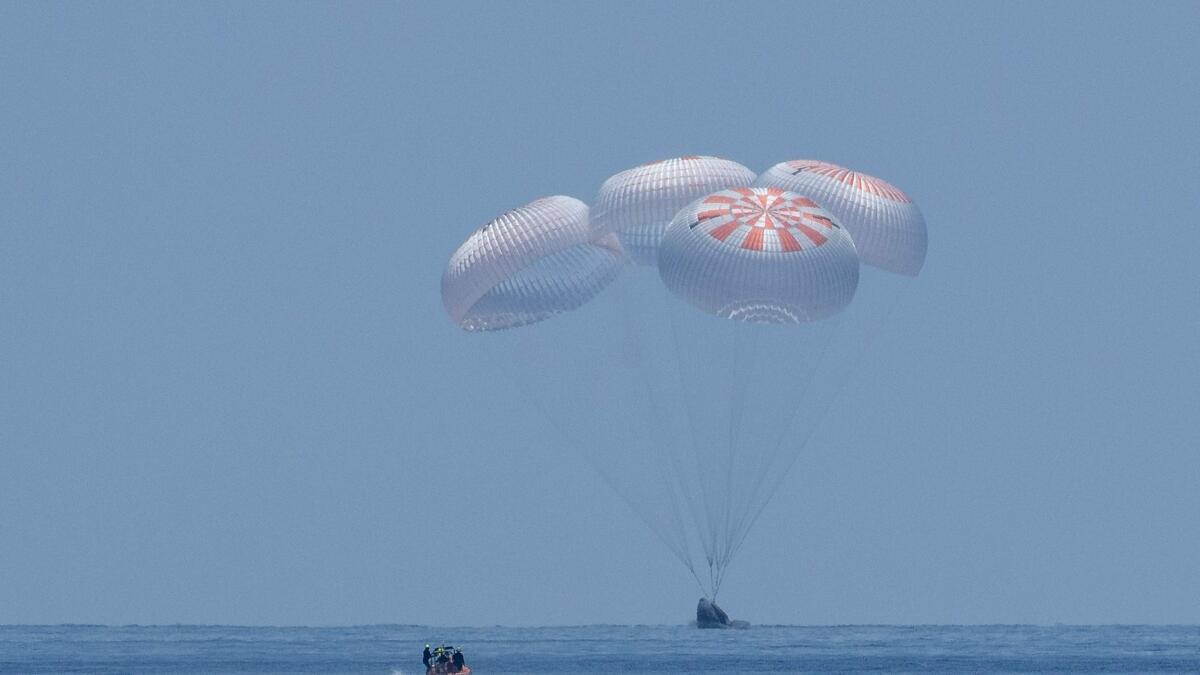 This handout photo released courtesy of NASA shows the SpaceX Crew Dragon Endeavour spacecraft is seen as it lands with NASA astronauts.