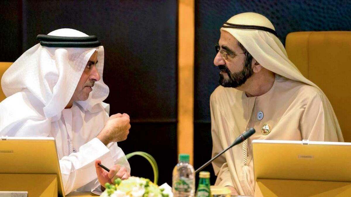 HEALTHY DISCUSSION: Sheikh Mohammed and Lt-Gen Sheikh Saif bin Zayed Al Nahyan, Deputy Prime Minister and Minister of Interior, at the Cabinet meeting in Abu Dhabi on Sunday. — Dubai Media Office 