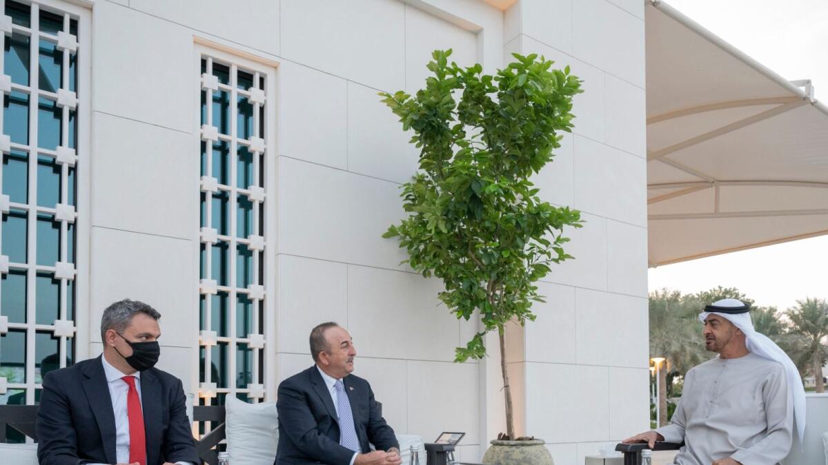 Sheikh Mohamed with Mevlut Cavusoglu, Minister of Foreign Affairs of Turkey, at Al Shati Palace. – Wam---