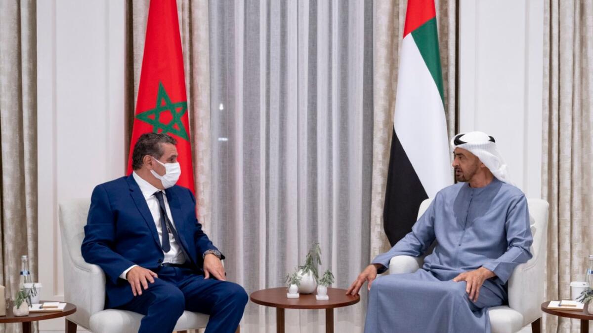 Sheikh Mohamed bin Zayed with Moroccan Prime Minister Aziz Akhannouch in Abu Dhabi. — Wam