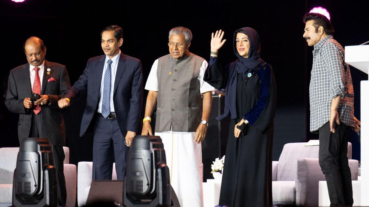 UAE Minister of State for International Cooperation Reem Al Hashimy and Kerala Chief Minister Pinarayi Vijayan with Indian Ambasador to the UAE, Sanjay Sudhir; Malayalam superstar Mammotty and Indian businessman M.A. Yusuf Ali at the opening of Kerala Week in India Pavilion, at Expo 2020 Dubai. KT Photo/Shihab