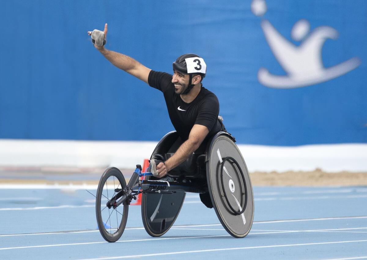 Mohamed Hammadi celebrates after winning a gold medal at the 15th Fazza International Para Athletics Grand Prix – Dubai 2024.- Supplied photo