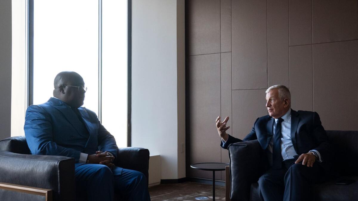 FII Institute CEO Richard Attias (right) speaks with Democratic Republic of the Congo President Félix-Antoine Tshisekedi Tshilombo about global collaboration on vaccine development at the FII Institute Health is Wealth roundtable in New York. Supplied photo