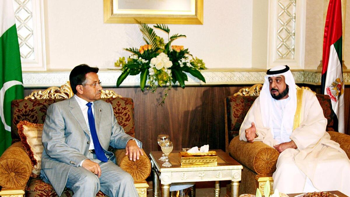 Late Sheikh Khalifa bin Zayed al Nahyan (R) welcomes Pervez Musharraf to Abu Dhabi on June 4, 2005. After the former's demise, Musharraf said, 'The government and people of Pakistan have lost a great friend, who is always committed to strengthening of relations between the two countries and has been showing great interest in developing the social sector in Pakistan.' Photo: Wam