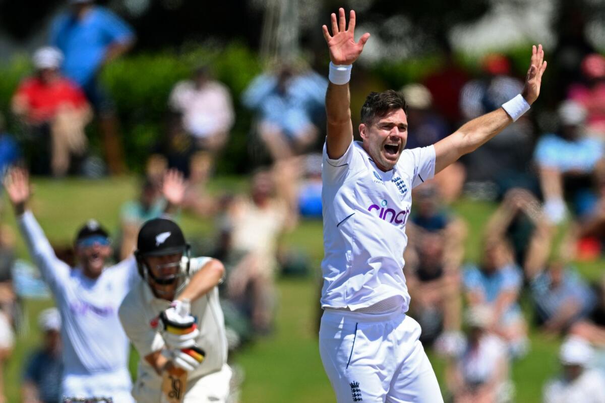 England's James Anderson appeals successfully to dismiss New Zealand's Scott Kuggeleijn. — AP