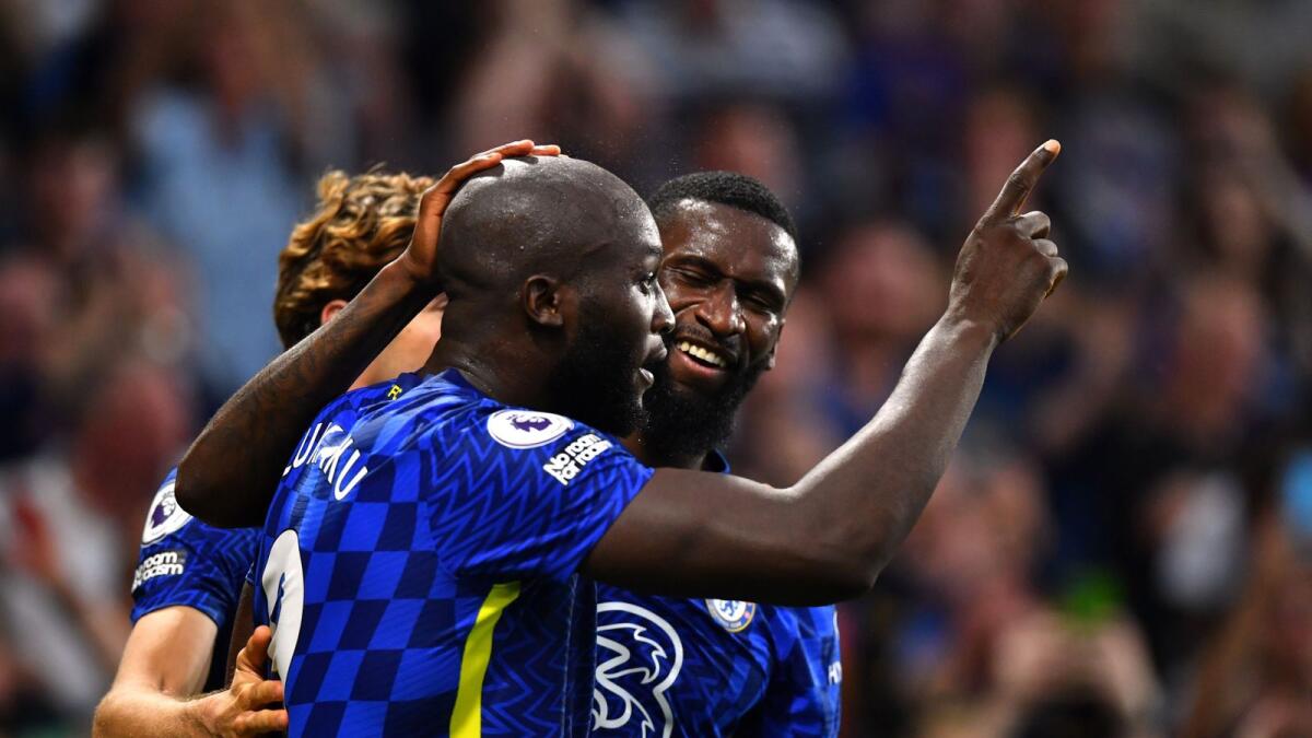Chelsea's Romelu Lukaku celebrates his goal with teammates during the match against Aston Villa. — Reuters