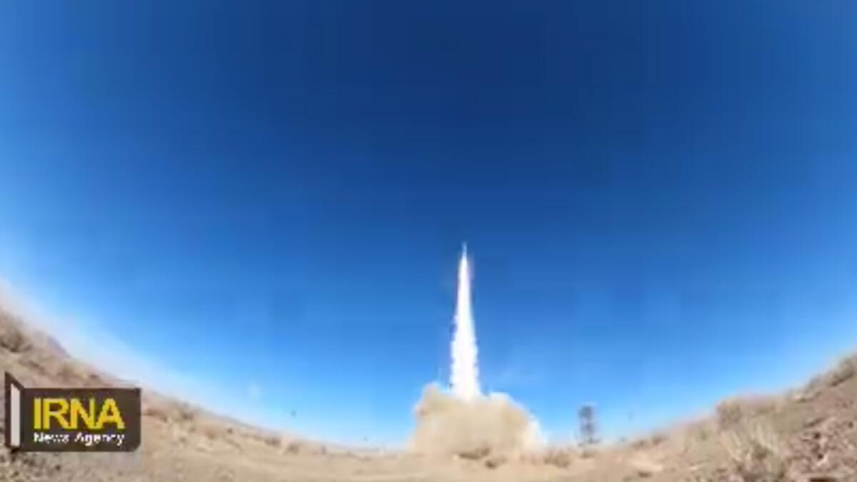 Screengrab from a video shared by Iran's official news agency shows the launch of Sorayya satellite on Saturday.