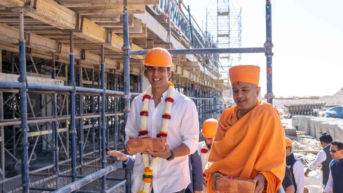 Akshay Kumar with Swami Brahmaviharidas at the construction site of Abu Dhabi's BAPS Hindu Mandir. — Supplied photos
