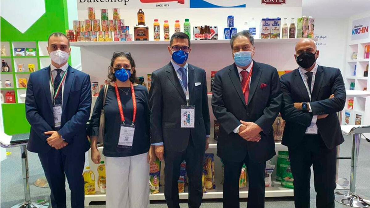 Giuseppe Finocchiaro, Consul-General of  Italy, Dubai; Amedeo Scarpa, Trade Commissioner and Alessandro Lamura, Deputy Commissioner of Italian Trade Agency  with Kamal Vachani, director,  Al Maya Group,  at Gulfood on Monday.  — Supplied photo