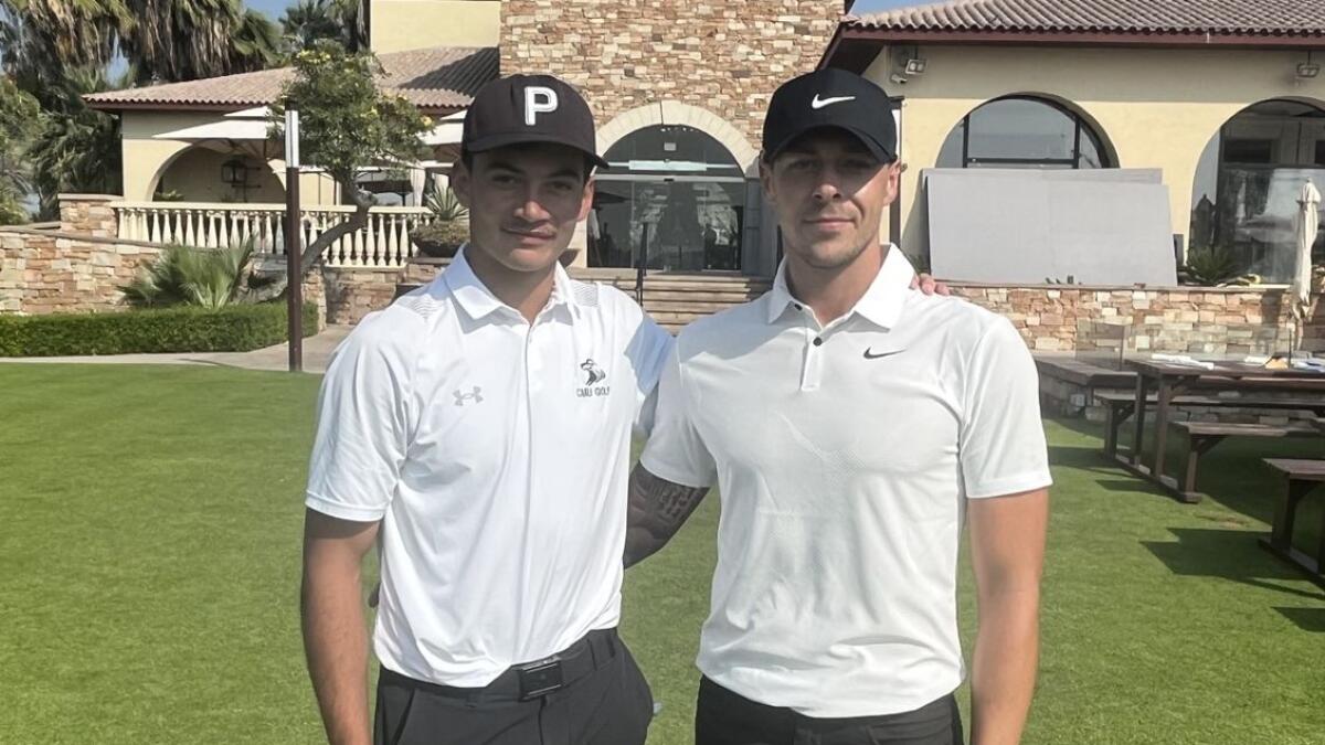 South African Chad Coburn (left) with Dubai Creek's Nathan Seldon (right) - both tied third with two under par 70's - after today's first round of the 2023 Abu Dhabi Amateur Championship at Saadiyat Beach Golf Club. - Supplied photo