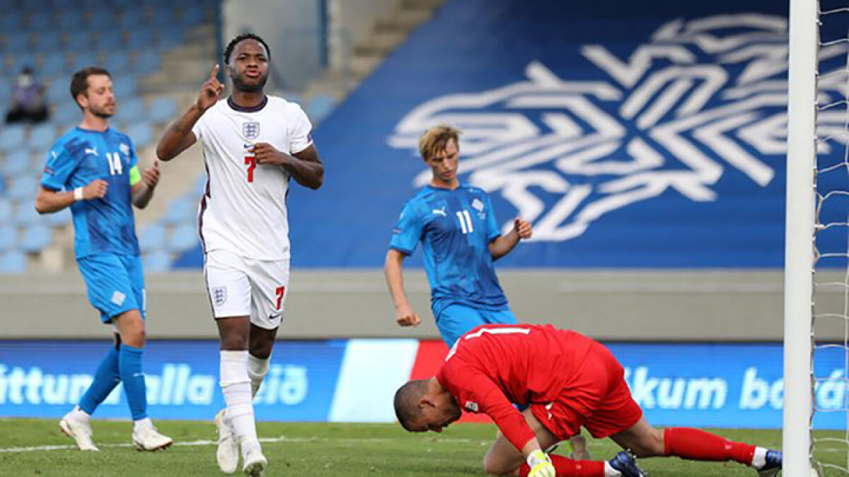 Raheem Sterling celebrates after scoring from a spot kick against Iceland in their opening match of the Nations League match. -- Twitter