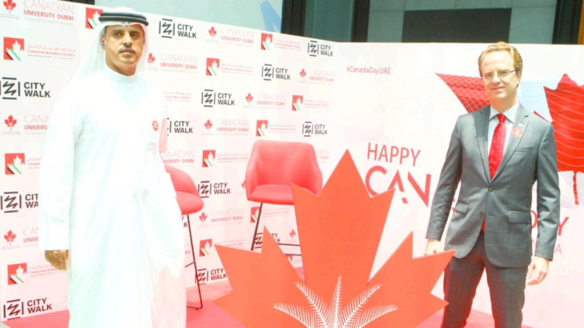 Canadian University Dubai Chancellor Buti Saeed Al Ghandi and Jean-Philippe Linteau during National Day celebrations in Dubai. — Photo by Mohammad Mustafa Khan