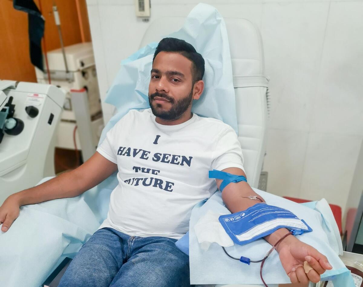 Roy donating blood days before World Blood Donor day at the blood bank in Abu Dhabi