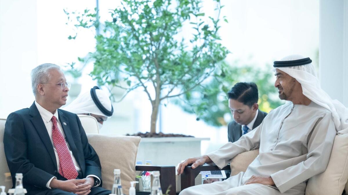 Sheikh Mohamed bin Zayed Al Nahyan with Ismail Sabri Yaakob in Abu Dhabi. — Wam